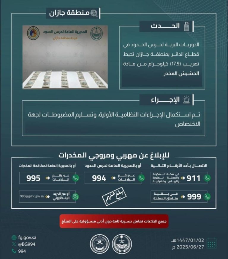 كشف وإحباط تهريب حوالي 17.9 كيلوجرام من الحشيش في منطقة جازان