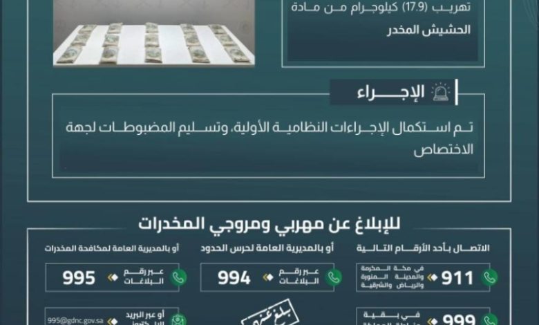كشف وإحباط تهريب حوالي 17.9 كيلوجرام من الحشيش في منطقة جازان
