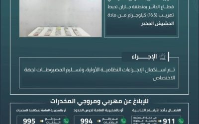 نجاح حرس الحدود بجازان في إحباط تهريب 16.5 كيلوجرامًا من الحشيش المخدر