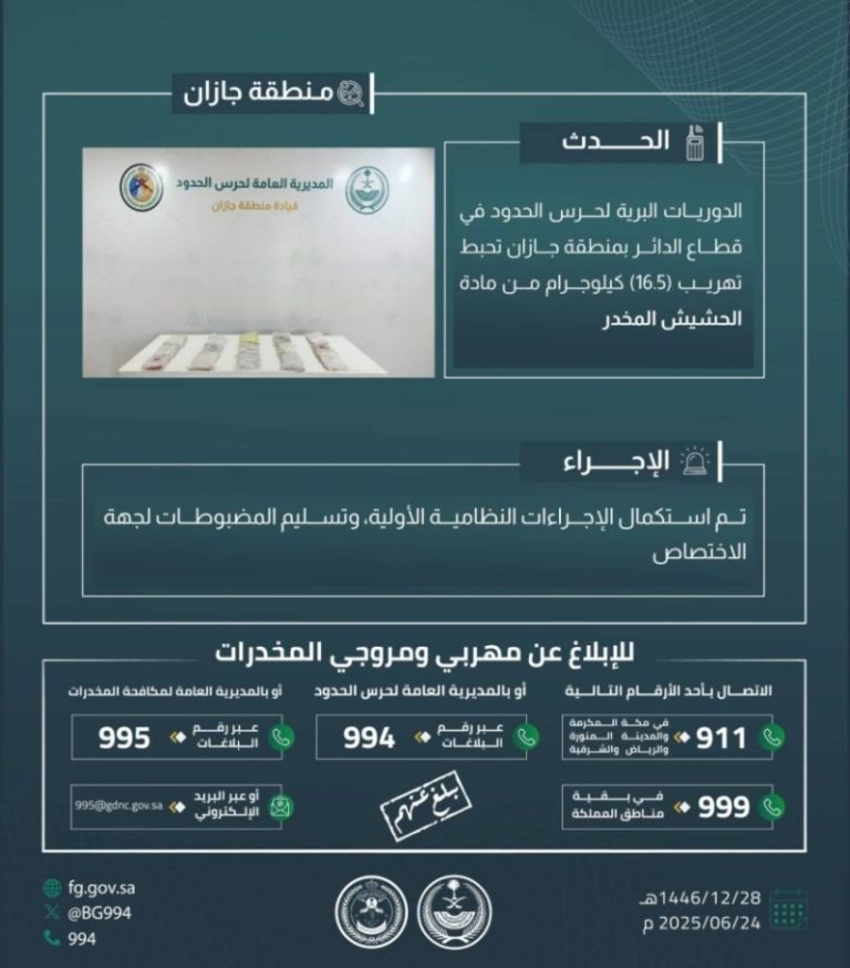نجاح حرس الحدود بجازان في إحباط تهريب 16.5 كيلوجرامًا من الحشيش المخدر