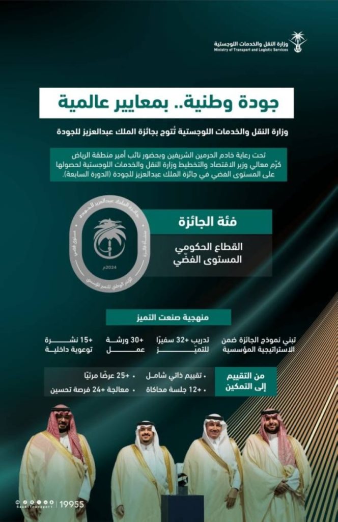 وزارة النقل والخدمات اللوجستية تفوز بالمستوى الفضي في جائزة الملك عبدالعزيز للجودة