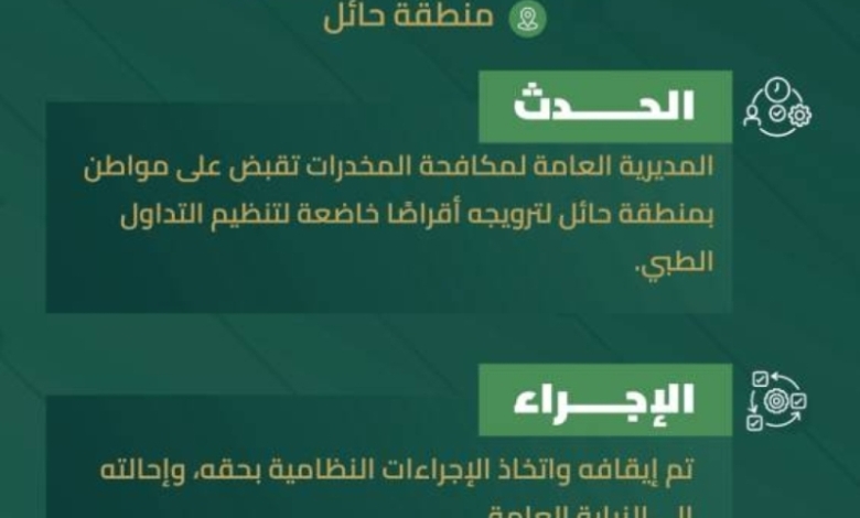 "أجهزة مكافحة المخدرات" تلقي القبض على مروج أقراص طبية بحائل