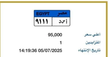 "أسد - 9111" أرخص لوحة سيارة مميزة مطروحة بالمزاد.. اعرف سعرها