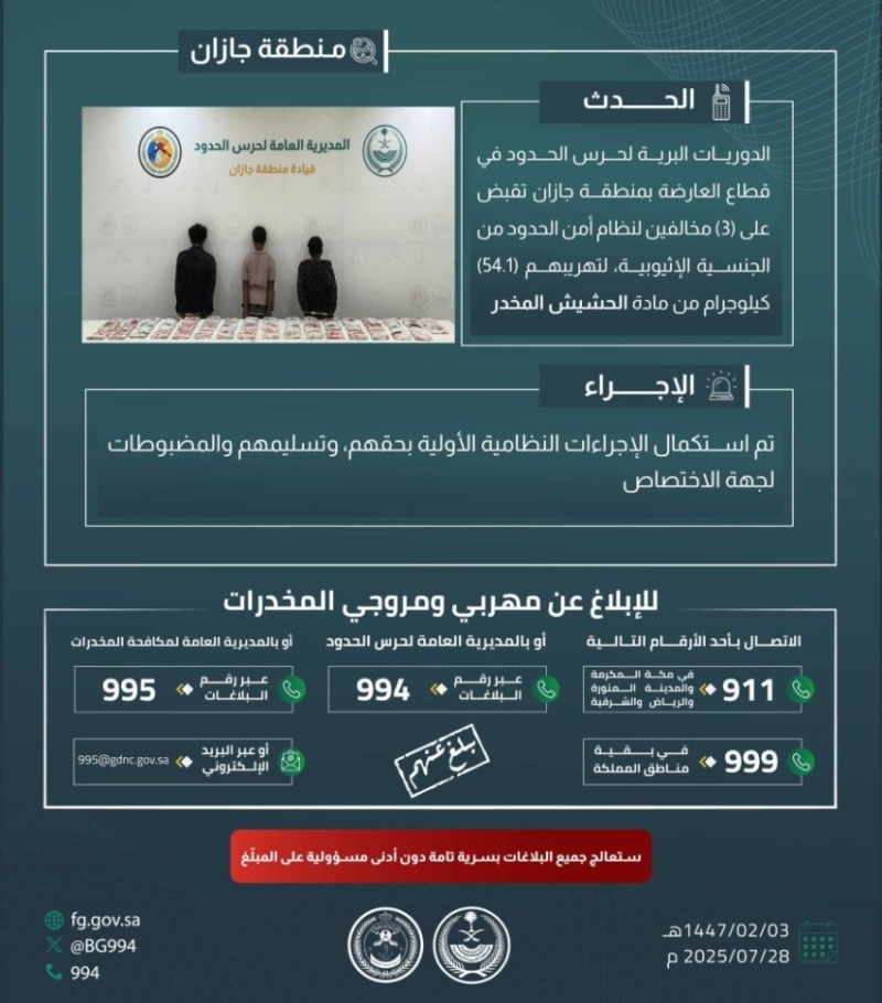 أمن جازان يعتقل 3 مهربين بحوزتهم 54.1 كيلوجرامًا من الحشيش المخدر