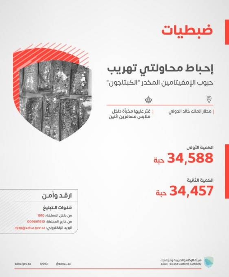 إحباط تهريب" 69 ألف حبة كبتاجون في مطار الملك خالد الدولي بواسطة "زاتكا