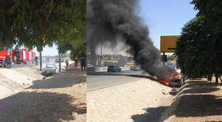 إخماد حريق في مركبة على طريق المطار بعمّان
