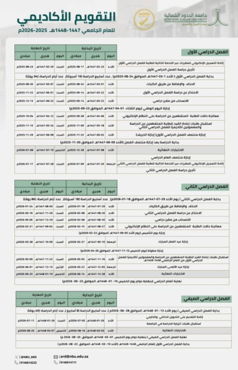 إعلان التقويم الأكاديمي بجامعة الحدود الشمالية للعام 1447-1448هـ
