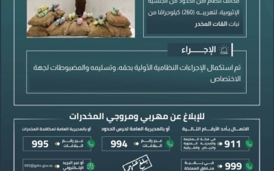 إلقاء القبض على مخالف بالحدود بجازان بتهمة تهريب (260) كيلوجرامًا من القات المخدر