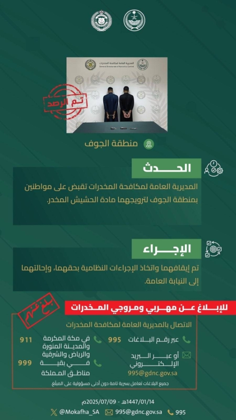 إلقاء القبض على مروجين للمخدرات في الجوف