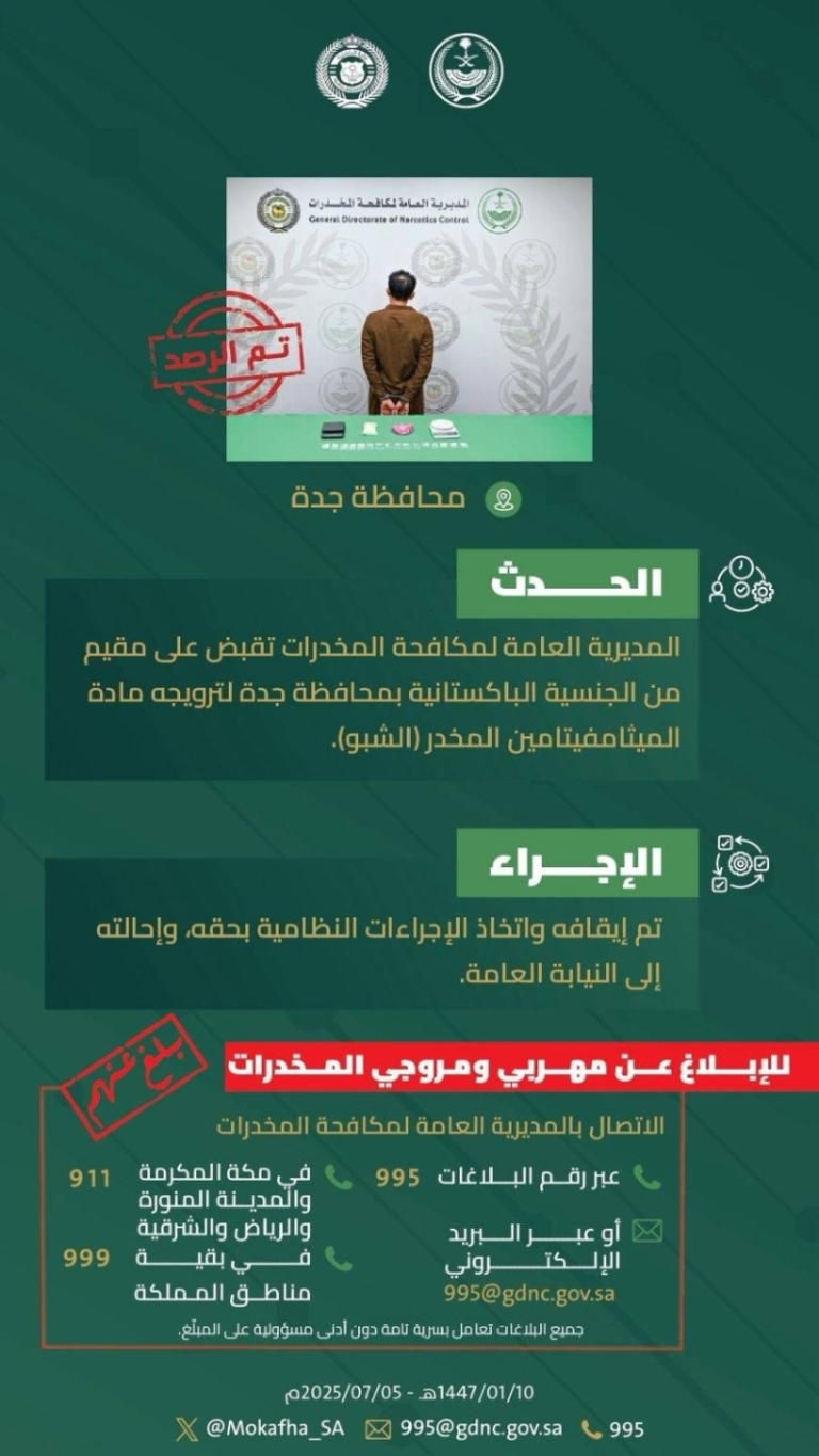 إلقاء القبض على مقيم بجدة بتهمة ترويج الشبو