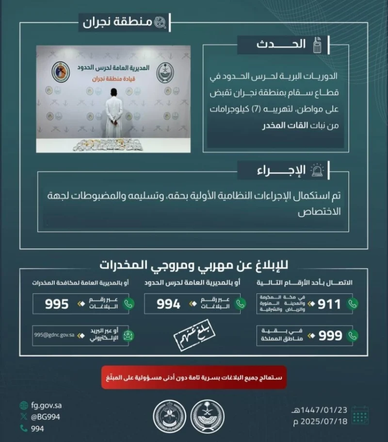 إلقاء القبض على مهرب قات بنجران بمسحوبة (7) كيلوجرامات