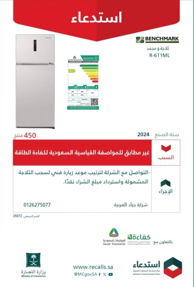 استدعاء 450 ثلاجة “BENCHMARK” من قبل التجارة بسبب عدم مطابقتها للمواصفات المعتمدة.
