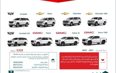 استدعاء أكثر من 5 آلاف سيارة شيفروليه وجي إم سي وكاديلاك بسبب خلل في المحرك.