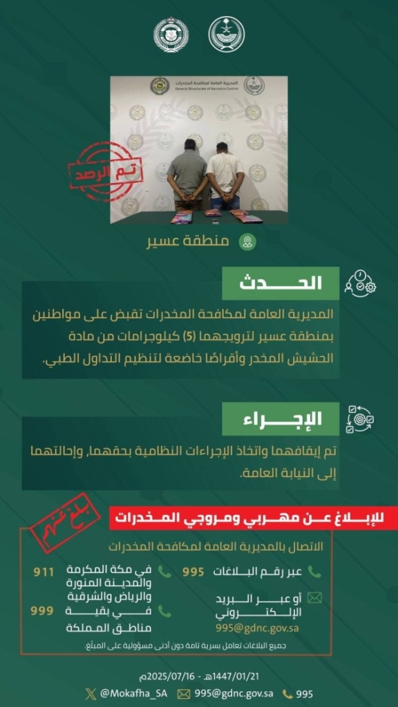 اعتقال شخصين في عسير بتهمة ترويج المخدرات