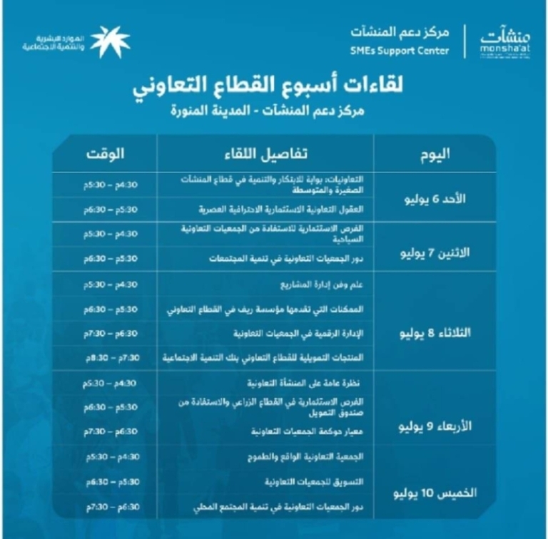 الأحد المقبل يشهد بداية فعاليات أسبوع القطاع التعاوني في المدينة المنورة.