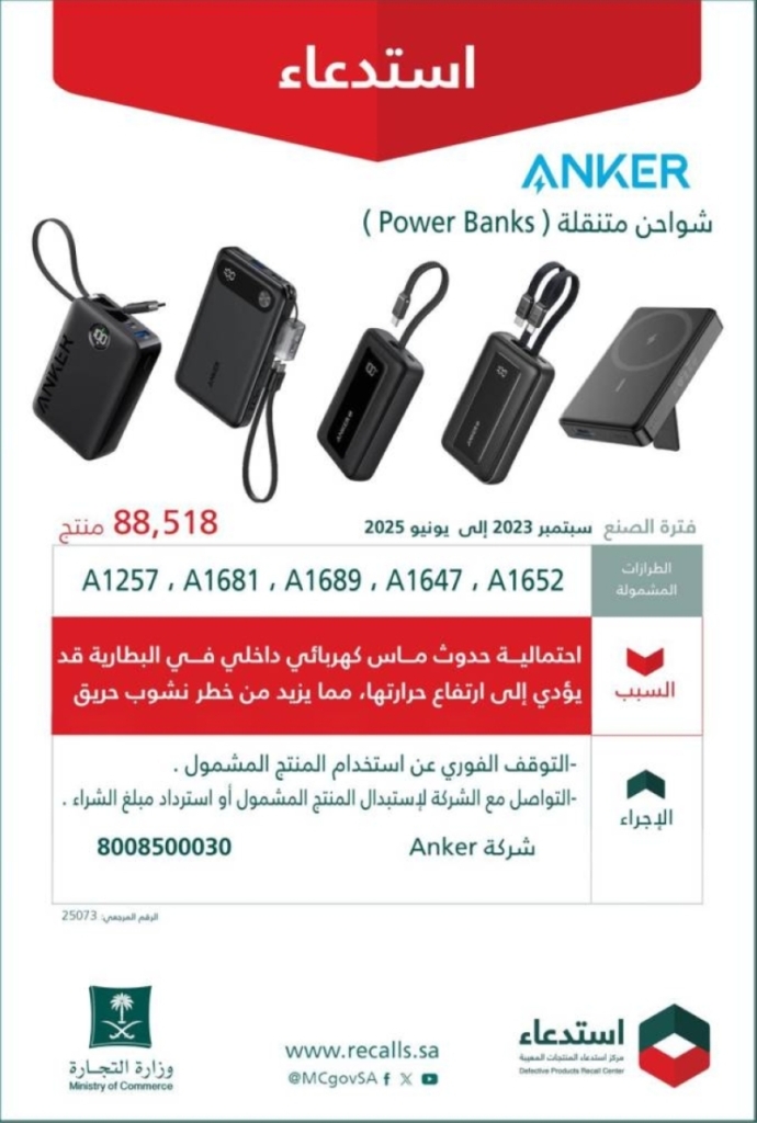 التجارة تستدعي 88 ألف شاحن متنقل من ANKER بسبب خطر الماس الكهربائي المحتمل