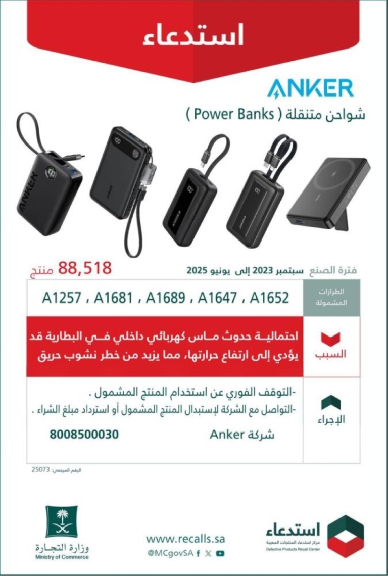 التجارة تستدعي 88 ألف شاحن متنقل من ANKER بسبب خطر الماس الكهربائي المحتمل