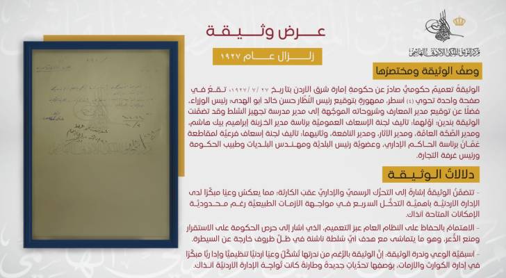 "التوثيق الملكي" يكشف وثيقة تاريخية عن استجابة حكومة إمارة شرق الأردن لزلزال نابلس 1927