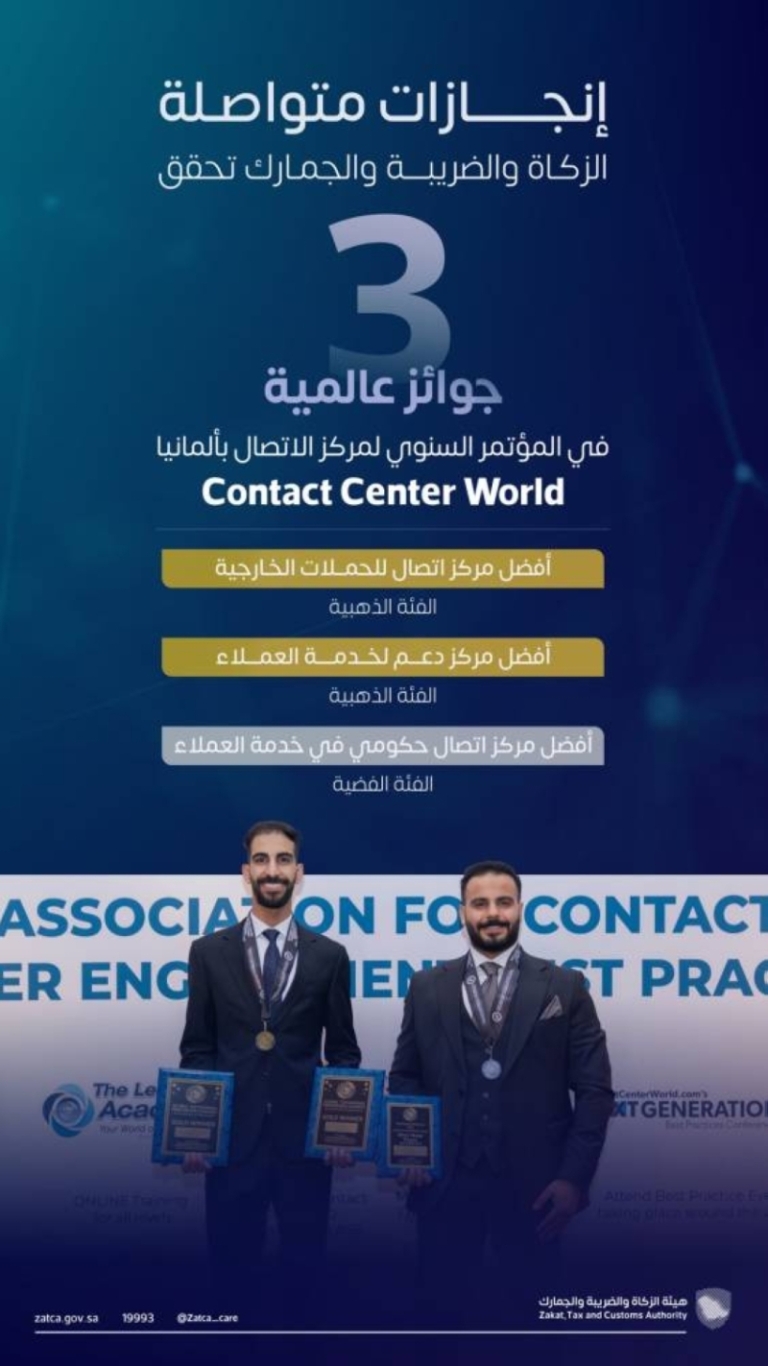 الزكاة والضريبة والجمارك تحقق ثلاث جوائز عالمية في مجال خدمات مراكز الاتصال.