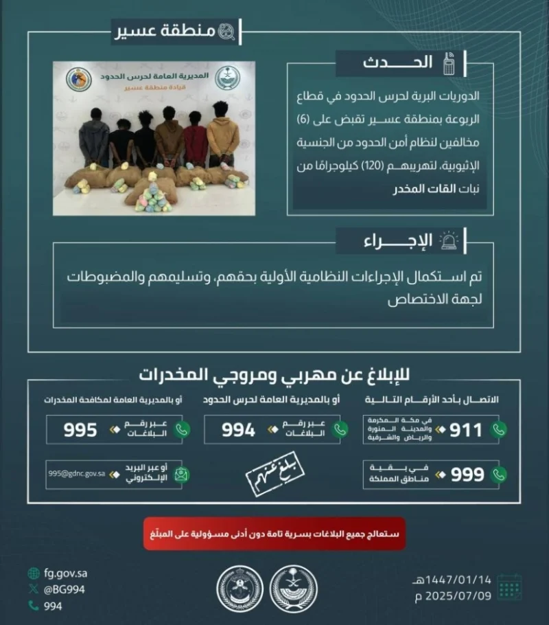 القبض على 6 مخالفين لحرس الحدود بعسير أثناء تهريب 120 كيلوجرامًا من القات المخدر