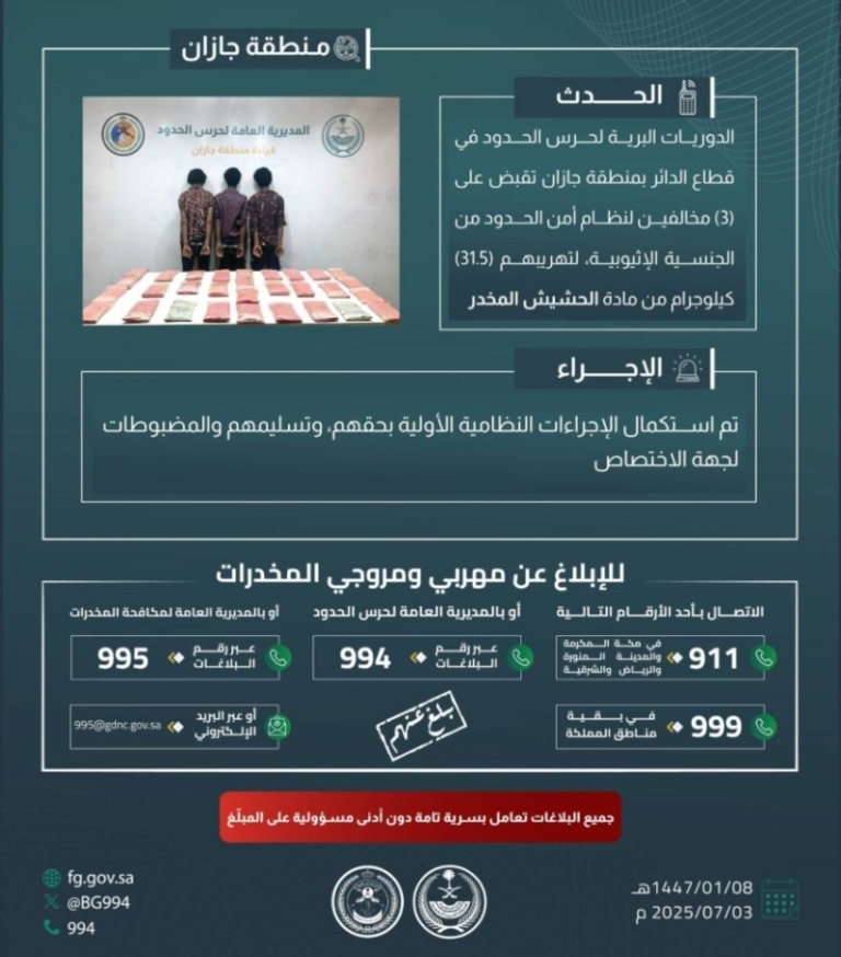 القبض على مخالفين في جازان لتهريب 31.5 كيلوجرامًا من الحشيش المخدر