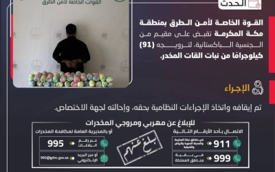 القبض على مقيم بتهمة ترويج 91 كيلوجرامًا من القات المخدر في مكة المكرمة  
مداهمة ناجحة لأمن الطرق في مكة تطيح بمقيم يروج 91 كيلوجرامًا من القات  
تحقيقات أمنية تؤدي إلى ضبط مقيم بحوزته 91 كيلوجرامًا من نبات القات في مكة  
قوة أمنية تعتقل مقيمًا في مكة لقيامه بترويج 91 كيلوجرامًا من القات المخدر