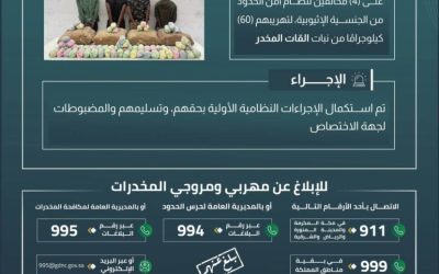 القوة الأمنية بعسير تعتقل أربعة مهربين بحوزتهم ستين كيلوجرامًا من القات المخدر
