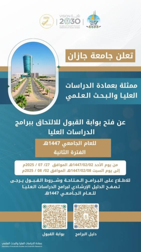 بدء القبول للدراسات العُليا بجازان في 27 الجاري