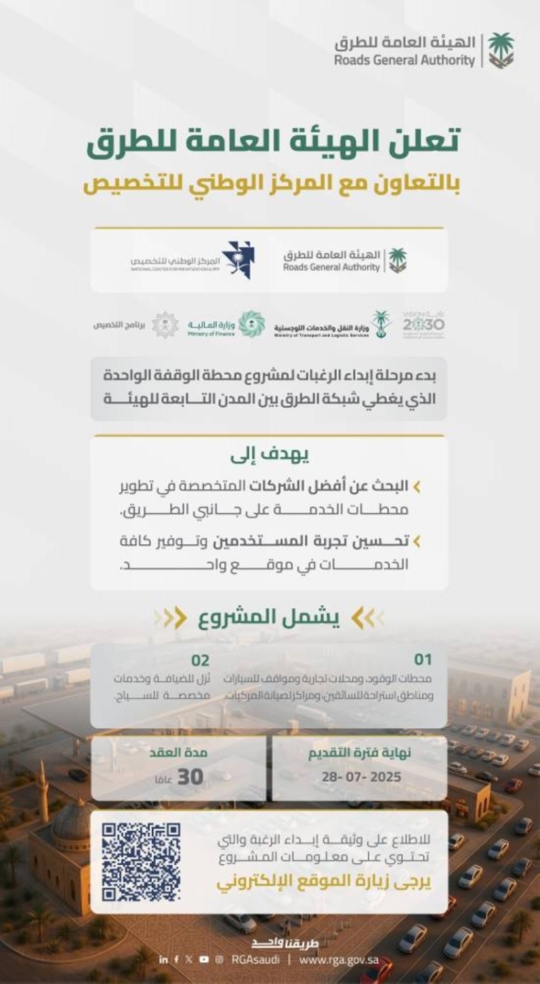 بدء مرحلة إبداء الرغبات لمشروع محطة الوقفة الواحدة بالتعاون بين الهيئة العامة للطرق والمركز الوطني للتخصيص