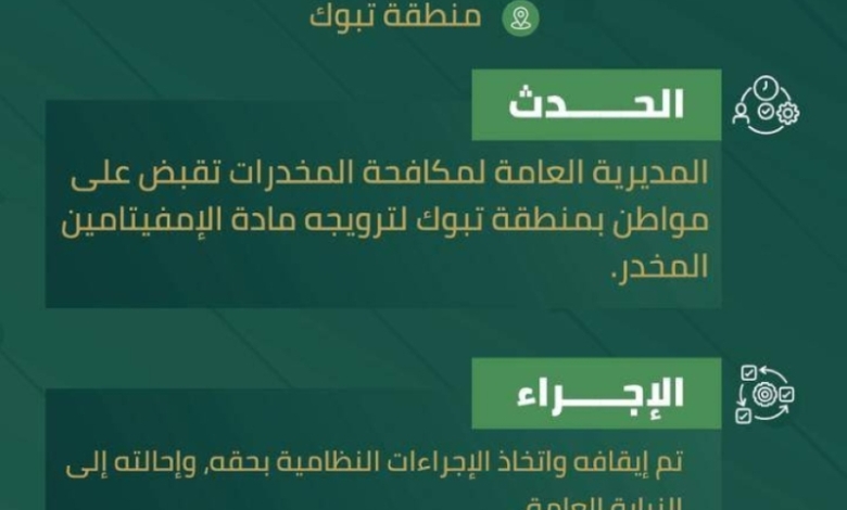تبوك تعلن القبض على مواطن بتهمة ترويج الإمفيتامين المخدر