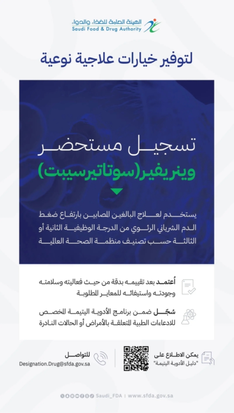 تسجيل مستحضر وينريفير “سوﺗﺎتيرسيبت” لعلاج ارتفاع ضغط الدم الرئوي من قبل الغذاء والدواء
