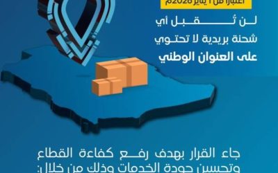 توصيل الشحنات البريدية يتطلب العنوان الوطني  
العنوان الوطني أساسي في إيصال الشحنات البريدية  
شروط توصيل الشحنات البريدية تشمل العنوان الوطني  
البريد يعتمد على العنوان الوطني لتوصيل الشحنات  
ضرورة وجود العنوان الوطني لتسليم الشحنات البريدية