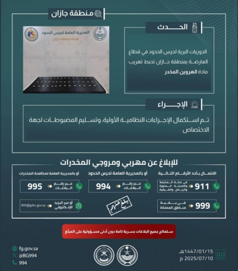 حرس الحدود بجازان يكتشف محاولة تهريب الهيروين المخدر