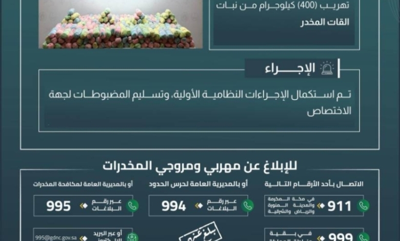 حرس الحدود بجازان ينجح في إحباط تهريب 400 كيلوجرام من القات المخدر