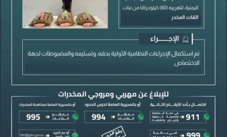 حرس الحدود بجازان ينجح في ضبط مخالف لنظام أمن الحدود بحوزته 60 كيلوجراماً من نبات القات المخدر