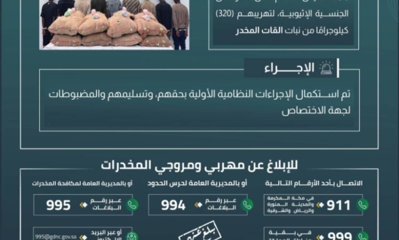 حرس الحدود بجازان يوقف 9 مخالفين لنظام الأمن أثناء تهريب 320 كيلوجرامًا من القات