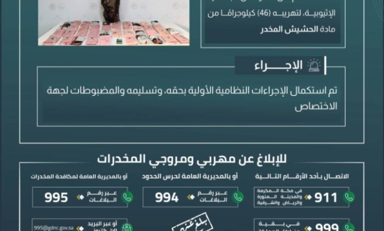 حرس الحدود بعسير يضبط مهربًا بحوزته 46 كيلوجرامًا من الحشيش المخدر
