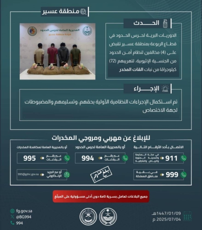حرس الحدود بعسير يعتقل 4 مهربين محاولين تهريب 72 كيلوجرامًا من القات المخدر