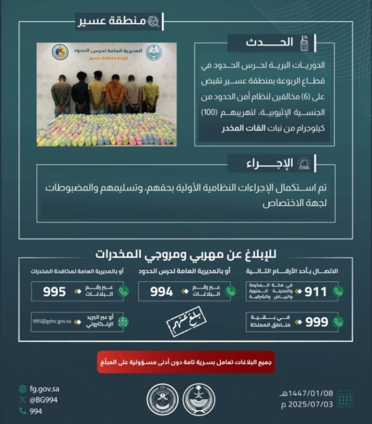 حرس الحدود بعسير يعتقل ستة مهربين لـ 100 كيلوجرام من القات