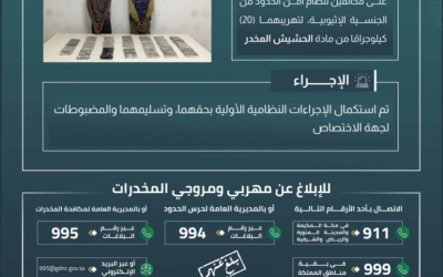 حرس الحدود بعسير يعتقل مهربين لنظام أمن الحدود بحوزتهما 20 كيلوجرامًا من الحشيش المخدر