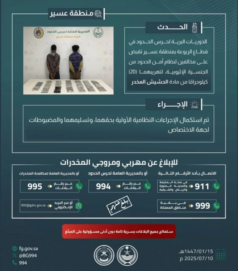 حرس الحدود بعسير يعتقل مهربين لنظام أمن الحدود بحوزتهما 20 كيلوجرامًا من الحشيش المخدر