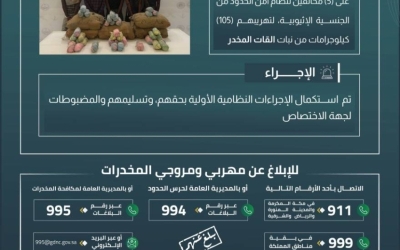 حرس الحدود بعسير يلقي القبض على 5 مخالفين لتهريب 105 كلجم من نبات القات المخدر