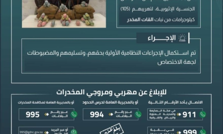 حرس الحدود بعسير يلقي القبض على 5 مخالفين لتهريب 105 كلجم من نبات القات المخدر