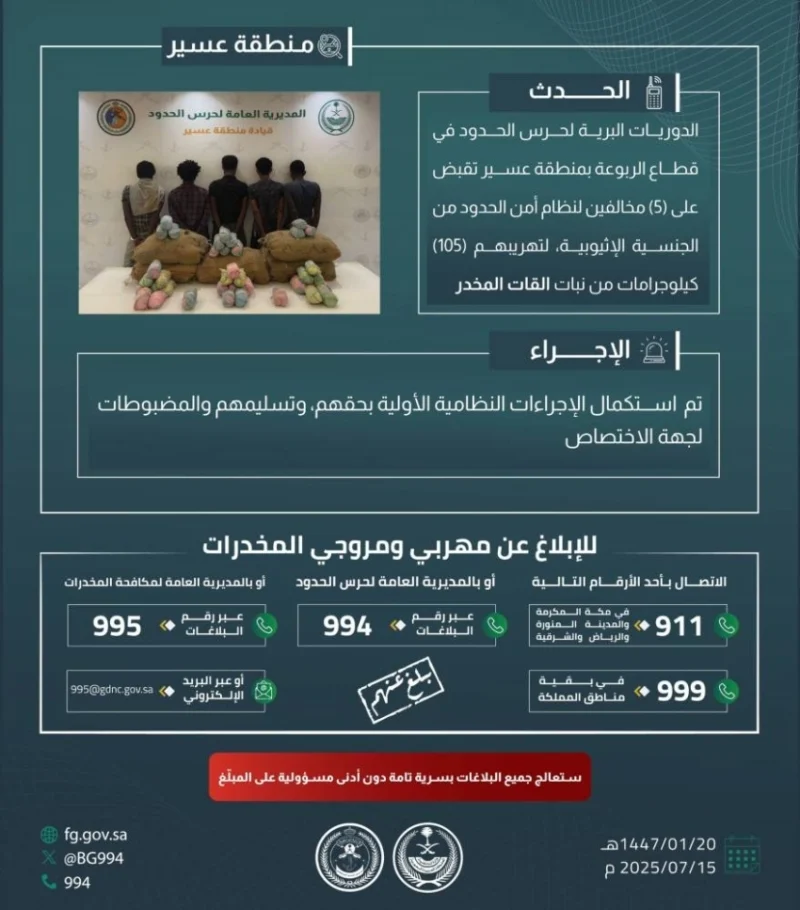 حرس الحدود بعسير يلقي القبض على 5 مخالفين لتهريب 105 كلجم من نبات القات المخدر
