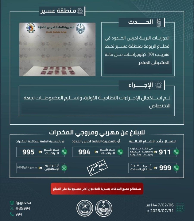 حرس الحدود بعسير ينجح في إحباط تهريب 10 كيلوجرامات من المخدرات