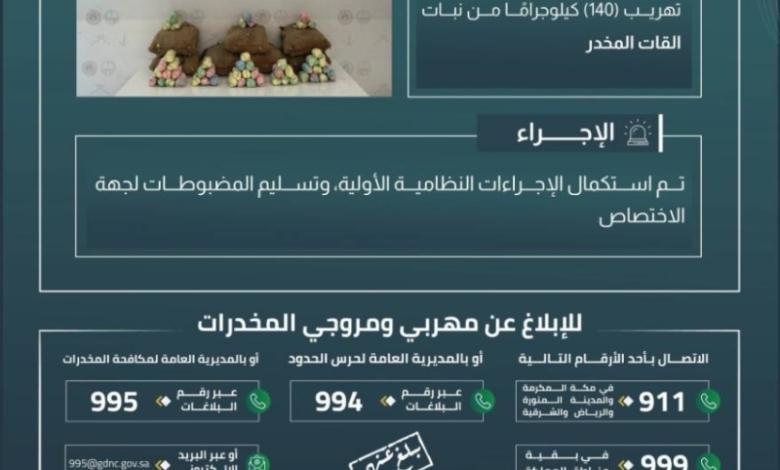حرس الحدود بعسير ينجح في إحباط تهريب 140 كيلوجرامًا من القات المخدر