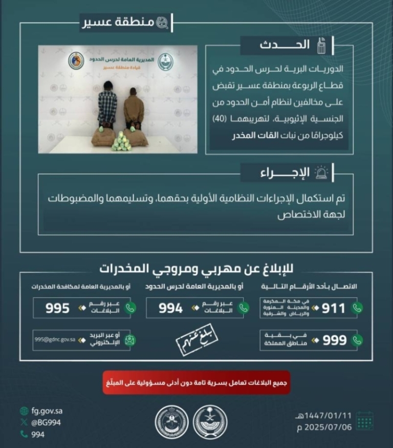 حرس الحدود بعسير ينجح في القبض على مخالفين لتهريب 40 كيلوجرامًا من نبات القات المخدر