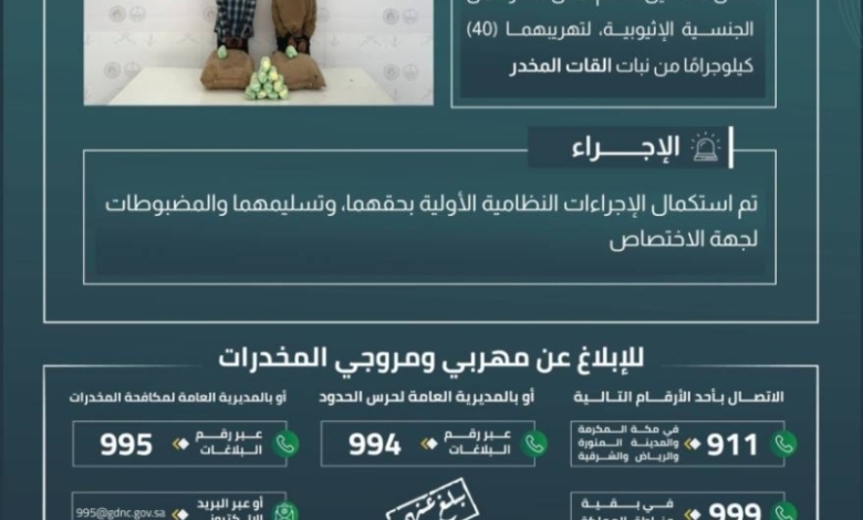 حرس الحدود بعسير ينجح في القبض على مخالفين لتهريب 40 كيلوجرامًا من نبات القات المخدر