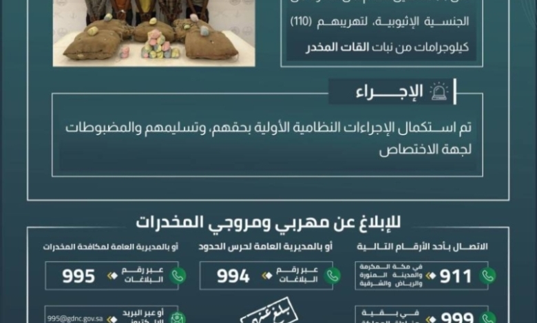 حرس الحدود بعسير ينجح في ضبط 5 مخالفين لنظام أمن الحدود وبحوزتهم 110 كلجم من نبات القات المخدر