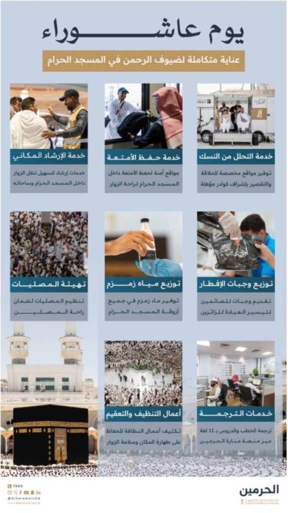 خدمات تكثيف لضيوف الرحمن من هيئة العناية بالحرمين في يوم عاشوراء